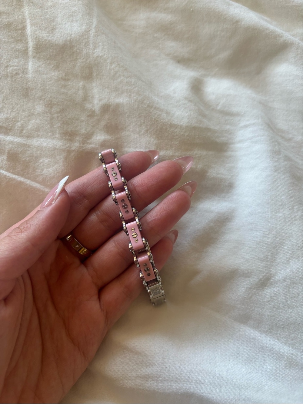 Pink Ice Link Bicycle Bracelet with Silver Accents